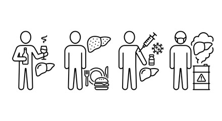 Liver disease causes, alcohol, unhealthy diet, viral hepatitis vaccination and chemical toxicity risk icon set vector illustration.