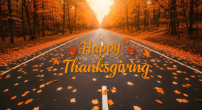 Happy thanksgiving day greeting card with golden text on an asphalt road covered in colorful autumn leaves