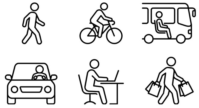 Daily commute, urban transportation, walking, cycling, bus transit, car driving, laptop working and shopping icon set vector illustration.