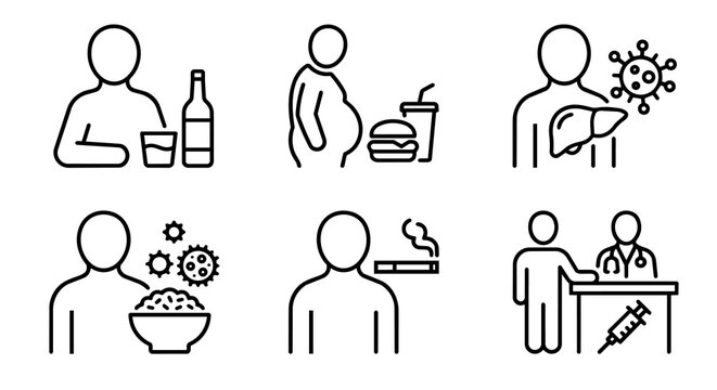 Unhealthy habits, liver disease risk factors, alcohol, obesity, virus infection, smoking and doctor consultation icon set vector.