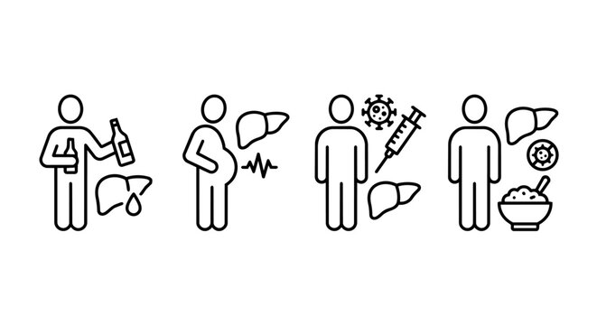 Liver disease causes, alcohol damage, obesity, viral hepatitis, needle infection and food contamination icon set vector illustration.