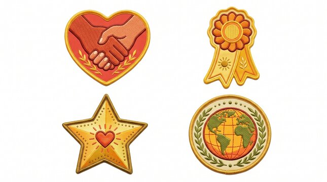 Volunteer service badges and charity patches. Embroidered icons for social work recognition.
