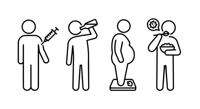 Unhealthy habits, medical injection, alcoholism drinking, obesity weight scale and contaminated food eating icon set vector.