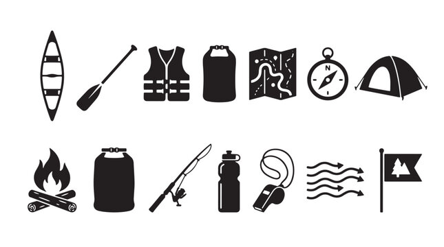Canoeing and camping equipment icons, black minimalist outdoor adventure vector set, 14 wilderness survival and kayaking symbols for travel maps