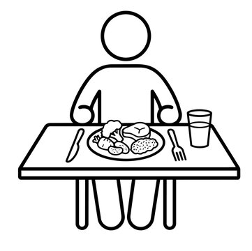 Person eating healthy balanced meal with vegetables, protein and water at dining table icon vector illustration.