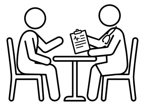 Patient consulting doctor with medical report clipboard and stethoscope icon vector illustration. Healthcare examination concept.