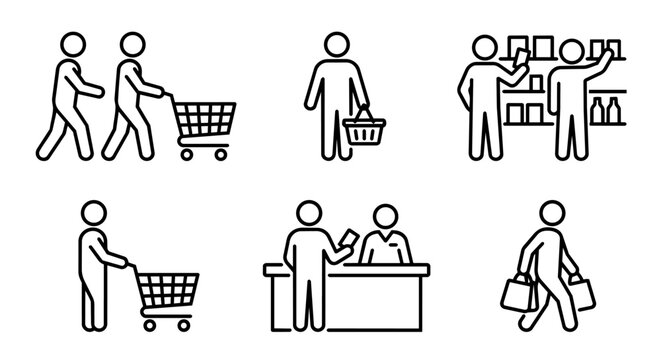 Supermarket and grocery shopping daily process icon set vector illustration. Shopping cart, basket, shelf, cashier and bags.