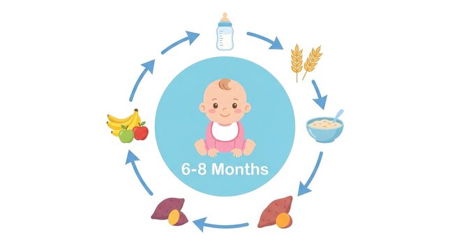 Infographic showing the healthy nutrition cycle of baby food including milk vegetables fruits and cereal for infants