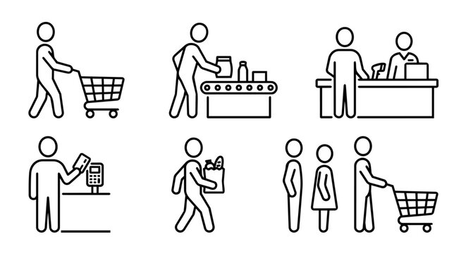 Supermarket checkout process, shopping cart, conveyor belt, cashier, card payment, paper bag and queue line icon set vector.