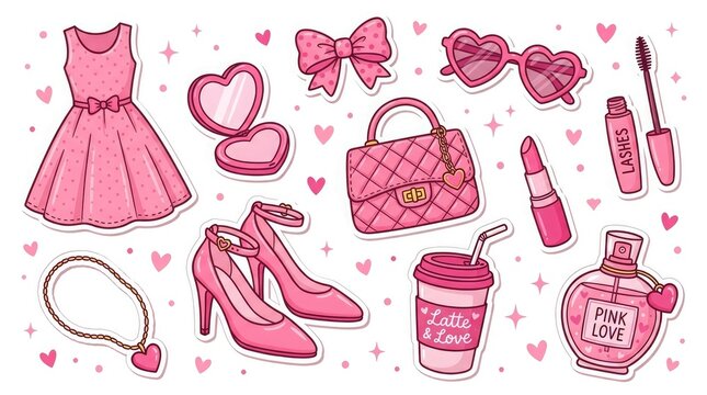 Set of cute pink fashion accessories and clothing items hand drawn in a whimsical doodle style illustration