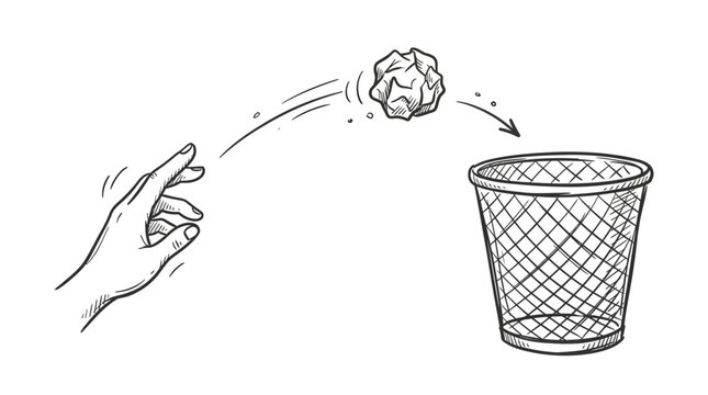 Black and white hand-drawn sketch of a human hand tossing a crumpled paper ball into a mesh office trash bin with trajectory motion lines, representing accuracy and decluttering concepts.