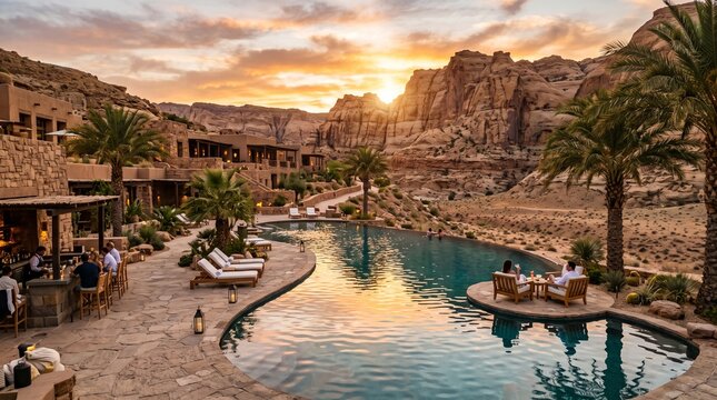 Luxury desert resort with infinity pool at sunset. Exotic oasis hotel with scenic views.