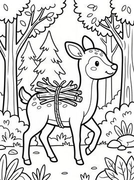 Coloring page, gentle deer carrying a bundle of firewood.