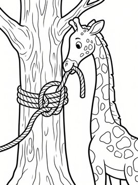 Coloring page, tall giraffe tying a rope knot around a tree.