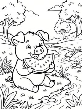Coloring page, happy pig eating a slice of watermelon.