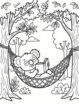 Coloring page, relaxed koala reading a book in a hammock.