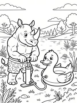 Coloring page, playful rhino making shadow puppets in a tent.