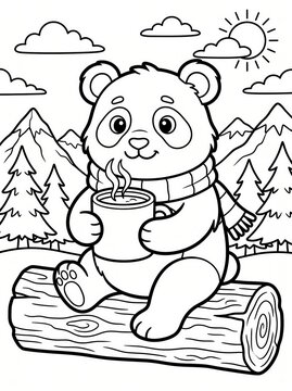 Coloring page, cute panda holding a mug of hot cocoa.