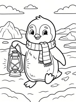 Coloring page, cute penguin holding a vintage oil lantern on a polar ice cap.