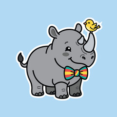 Obraz premium Cute cartoon rhinoceros wearing a colorful bow tie with a small yellow bird on its horn kawaii animal sticker illustration