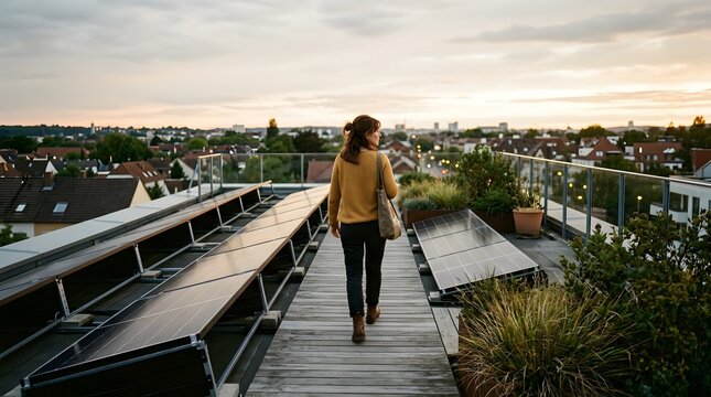 A woman walking through a sustainable rooftop garden with solar panels overlooking a city skyline at sunset.