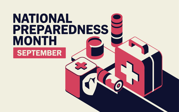 Vector illustration of national preparedness month featuring emergency medical kit and supplies