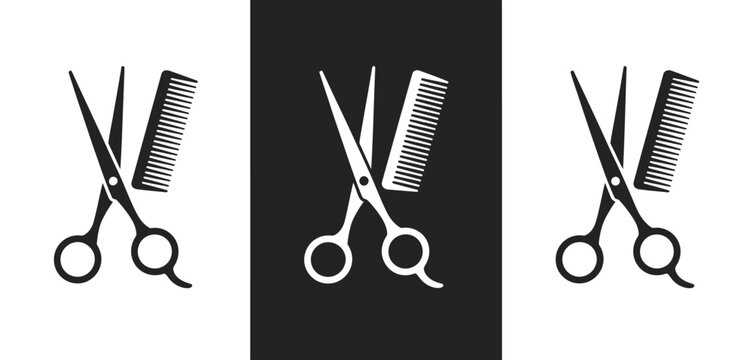 Scissor and Comb Icon Set vector. Crossed scissors and comb symbols for barbershop, salon, hairdresser, hairstylist, grooming, haircut, and beauty services.