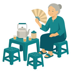 Fototapeta premium Relaxing Asian Grandma Tea Time Flat Vector Illustration