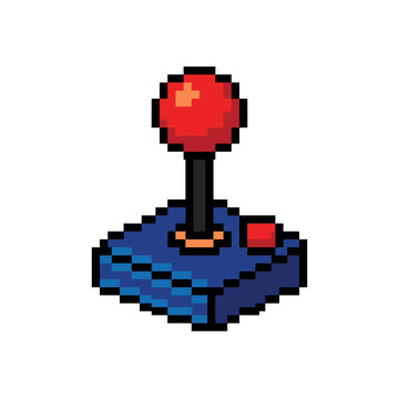 Red pixel art arcade joystick and button control unit.