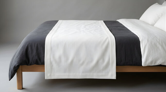 Comfortable Bed with Dark Gray Duvet and White Textured Runner in Minimalist Bedroom Setting Neutral Tones