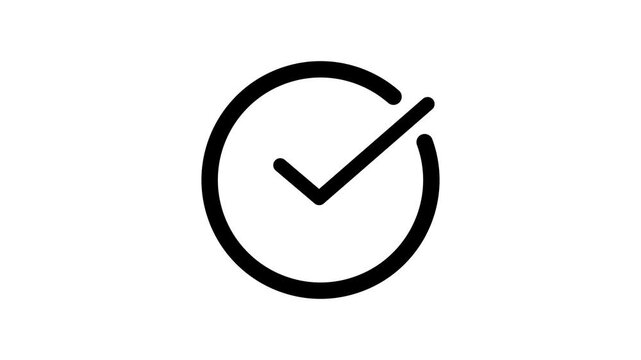Minimalist Black line circle loading animation transforming into a check mark tick icon, progress complete, success status indicator on White background.