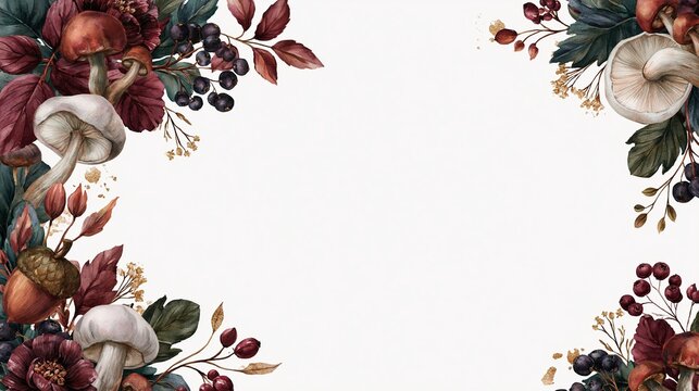 Moody autumn watercolor frame with mushrooms, acorns and dark berries