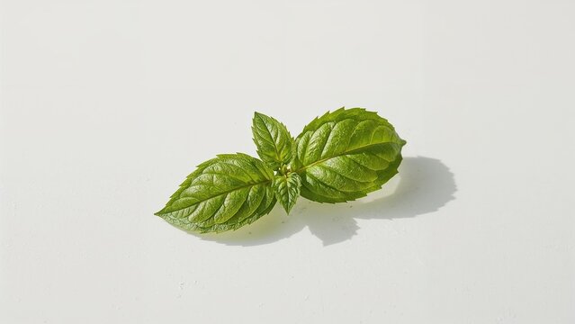 Fresh green basil leaves on a white surface with shadow. Medical, cooking, and aromatherapy concepts. The idea of herbs and natural remedies.