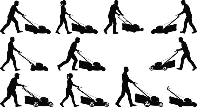 People mowing the grass with lawn mowers silhouette collection