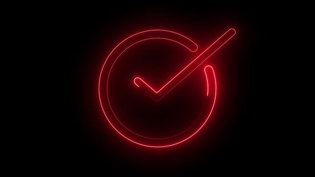 Glowing red neon light circle loading animation transforming into a check mark tick icon, success complete pro, vibrant electric light symbol for task completion interface design on black background.