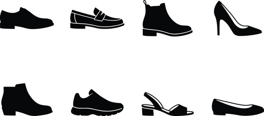 Fototapeta premium Footwear Types Icon Set Featuring Men and Women Shoes Silhouette Vector Illustration for Fashion