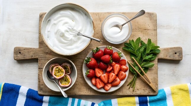High angle view of fresh pavlova baking ingredients with meringue cream, sliced strawberries, passion fruit, sugar bowl, and mint on wooden board.