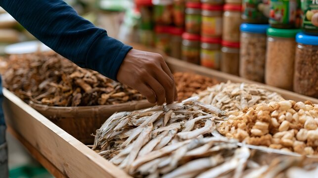 A person s hand selects dried fish from a wooden market stall filled with various dried seafood and spices