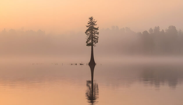 Misty Lake at Dawn with Solitary Tree Reflected in Calm Water