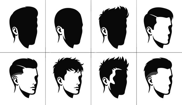 Men Hairstyle and Haircut Icons Set Featuring Male Head Silhouettes Vector Illustration for Barbershops