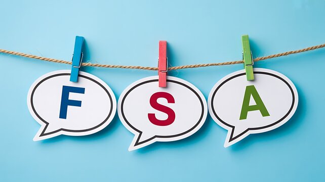 Social media communication concept with letters fsa on speech bubbles hanging from colorful clothespins