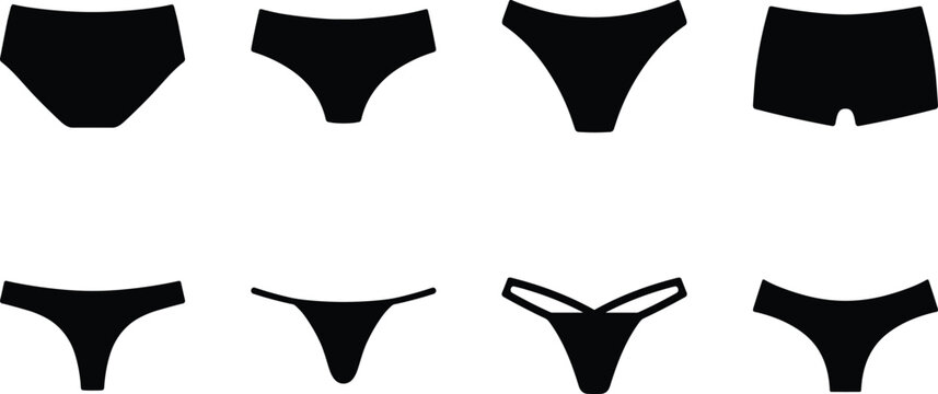 Women Panties Styles Collection Pitch Black Solid Silhouette Vector CAD Drawing Flat Illustration