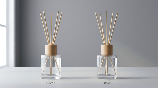 Two Modern Glass Reed Diffusers with Natural Wood Caps and Rattan Reeds on a White Table with Soft Window Light