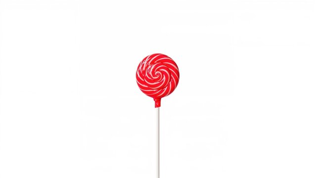 A red and white swirl lollipop on a stick isolated on a white background.