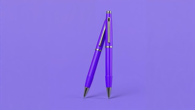 Purple pens standing upright on a purple background. Stationery and writing tools, concept. Office supplies and organization. The concept of pens and stationery accessories