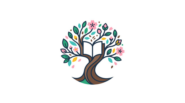Abstract tree of knowledge illustration with open book leaves and flowers.