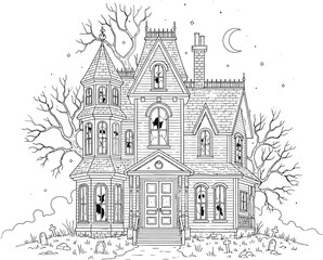 Naklejka premium Haunted Victorian Mansion at Night with Spooky Atmosphere, Halloween Illustration