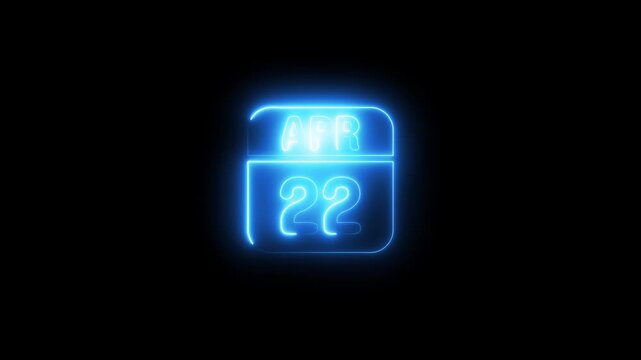 Neon glowing april 22 calendar date sign 4k animation video one black background 