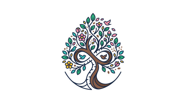 Stylized infinity tree illustration with floral elements and birds.