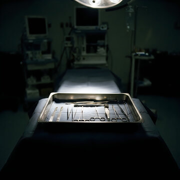 Surgical tray with sterile metal medical instruments prepared on a table in a dimly lit hospital operating room hospital instrument operating surgical healthcare